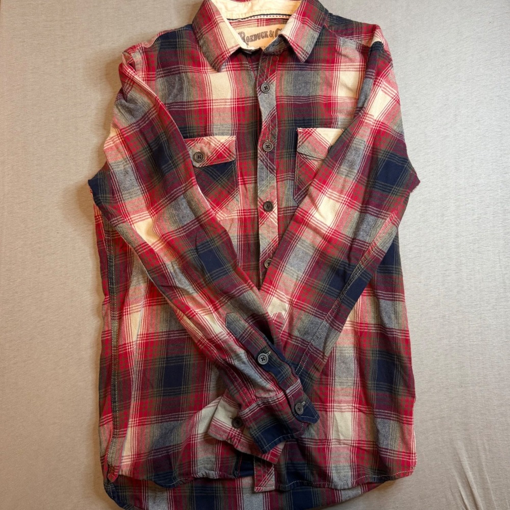 Roebuck & Co Mens Small Red Navy Plaid Flannel Button up Cotton Shirt VTG sears